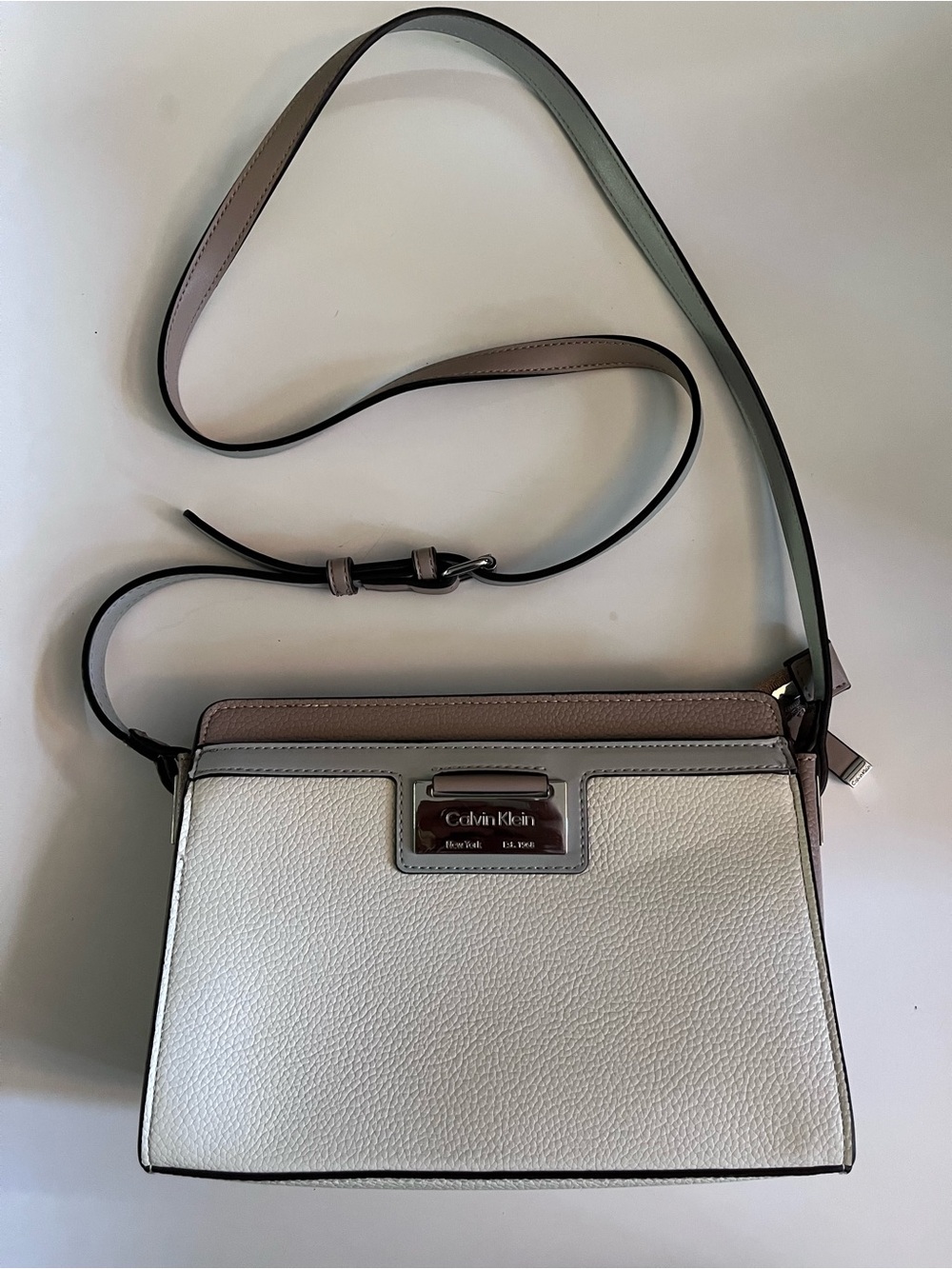 Calvin Klein White & Taupe Pebbled Crossbody Bag
